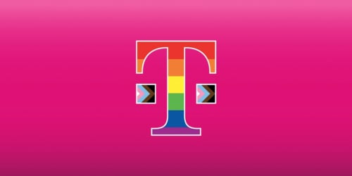 t-mobile t logo in pride month rainbow colors on magenta background
