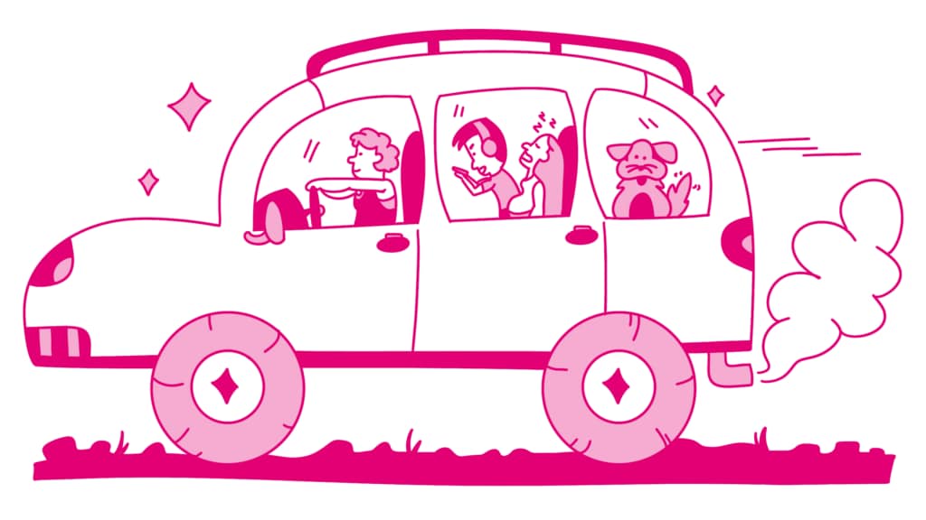 cute magenta illustration of family in a big car on a roadtrip
