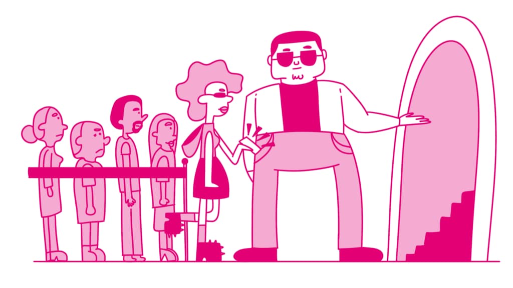 cute magenta illustration of stylish person skipping the line at an event while a bouncer welcomes her in
