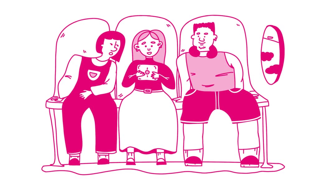 cute magenta illustration of three passengers on an airplane looking at a tablet