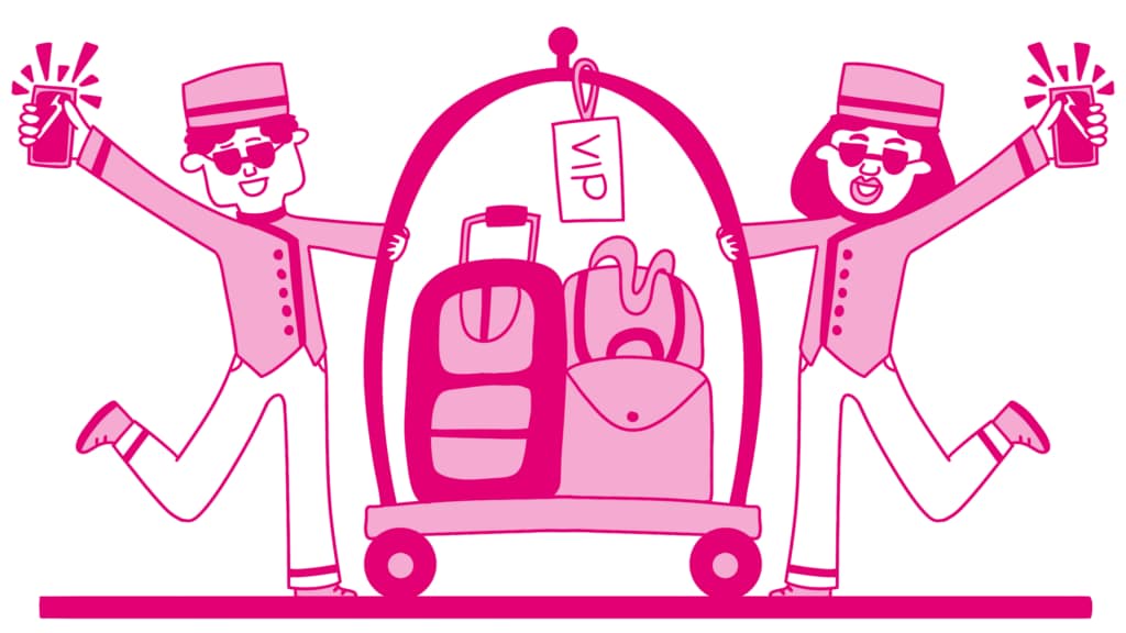 cute magenta illustration of two bellhops hanging onto a luggage cart with luggage tagged as VIP