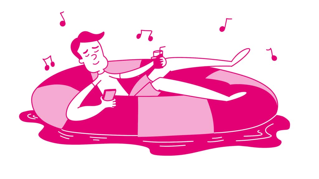 cute magenta illustration of relaxed man holding phone in giant pool floaty while enjoying some music and holding a drink